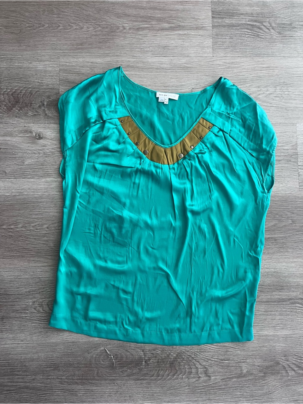 See by Chloé Teal V-Neck Blouse with Gold Accents